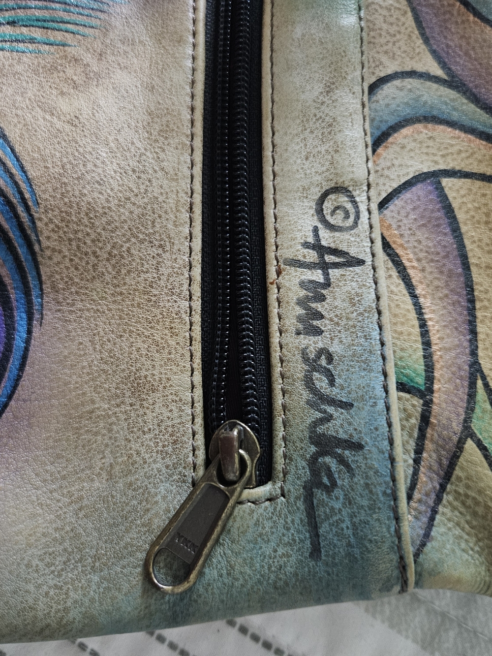 Anuschka Hand-Painted Peacock Feather Leather Crossbody in Teal, Blue, Purple - Picture 2 of 13
